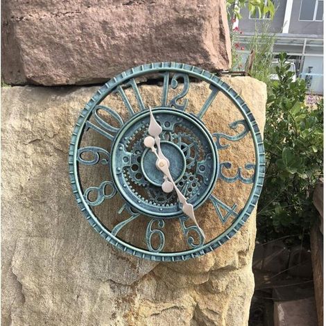 Horloge de jardin rétro 30 cm – Effet ardoise bleue – Résistante aux intempéries – Visage ouvert avec chiffres arabes (1/4)