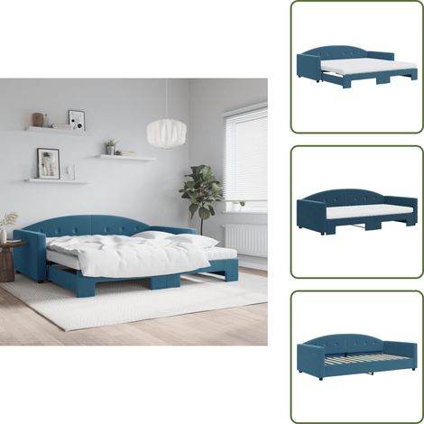 The Living Store Lit de jour avec lit gigogne et matelas bleu 100x200 cm velours - Canapé-lit (1/5)