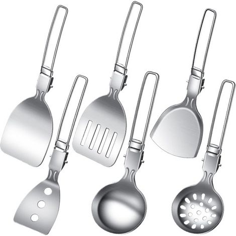 Juego de utensilios de cocina de acero inoxidable - 6 piezas - Ligero y portátil - Plegable - Espátula y cucharón de acero inoxidable (1/5)