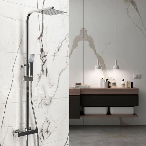 OCEAN ITALY Sistema Doccia Antiscottatura con Soffione Quadrato Cromato 20x20cm,Colonna Doccia con Miscelatore Termostatico,Saliscendi Regolabile 80-120cm (1/5)