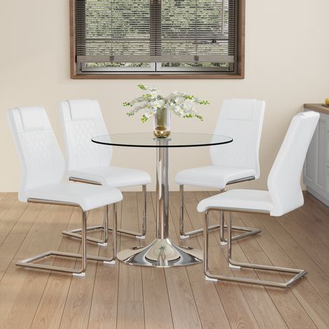Conjunto de comedor, mesa redonda de cristal 85 cm, diseño sencillo, base metálica plateada, cristal y metal, blanco y plata (1/5)