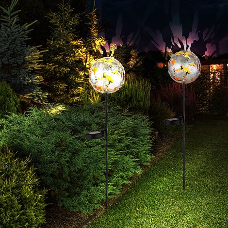 LED Solarlampe Erdspieß Gartendeko Ahornblätter Terrassenlampe Steckleuchte, silber grau, warmweiß, DxH 12x91,5 cm, 2er Set