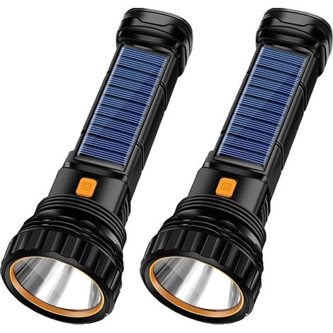 Lot de 2 lampes de poche LED solaires rechargeables multifonctions 1000 lumens avec lumière stroboscopique d'urgence et batterie de 1200 mAh, alimentation de secours et câble de charge USB (1/5)