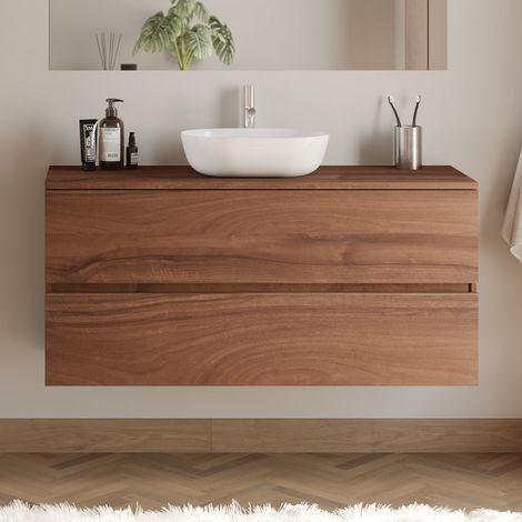 Meuble de salle de bain 120cm avec plateau et vasque à poser arrondie - 2 tiroirs - sans miroir - noyer (bois foncé) - IDA (1/5)