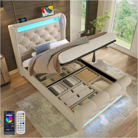 Lit simple rembourré avec LED 90 x 200cm, Lit coffre avec relevage hydraulique et Ports USB et Type-C, Velours + Beige (1/5)