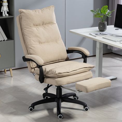 Fauteuil de bureau massant avec hauteur réglable, dossier inclinable, repose-pied intégré et télécommande filaire beige (1/5)