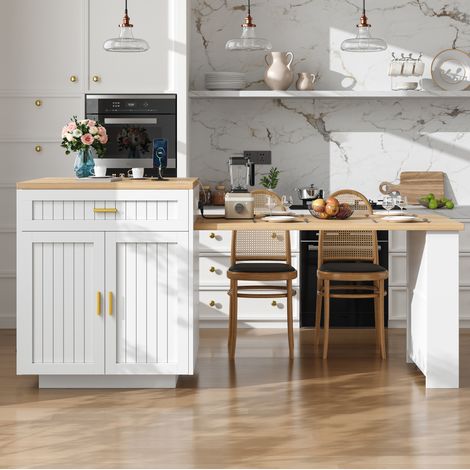 Isla de cocina extensible 121,5–192 cm con enchufe integrado, 1 cajón, blanco, MDF y metal (1/5)