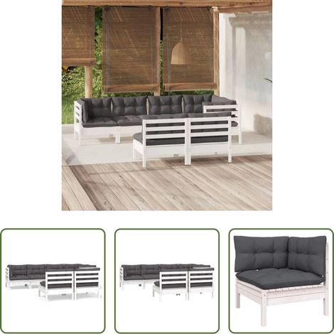Terrassenmöbel - 7-tlg. Garten-Lounge-Set mit Kissen Weiß Kiefer Massivholz (1/5)