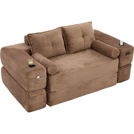 Divano letto 2 posti in corduroy marrone con cuscini memory e porta bicchieri (1/5)