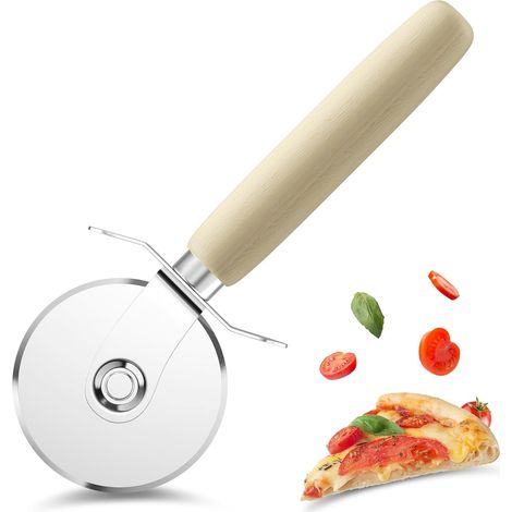 Pizzaschneider 17,5 cm, Pizzarad aus Edelstahl, Pizzaschneider mit schützendem Holzgriff, Pizzamesser zum Schneiden von Torten, Kuchen, Waffeln, Pfannkuchen und Teigplätzchen (1/5)
