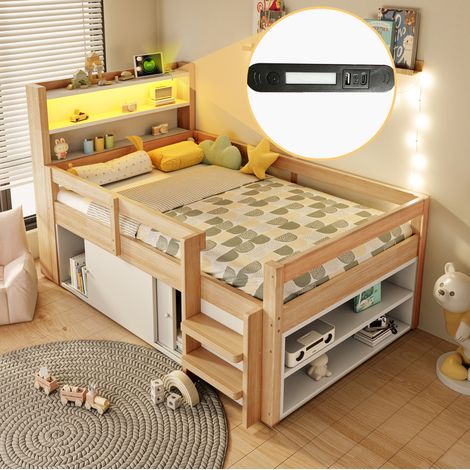 Letto per bambini 90x200 cm con LED e porte USB, contenitore integrato, ante scorrevoli, colore legno naturale - naturale (1/5)