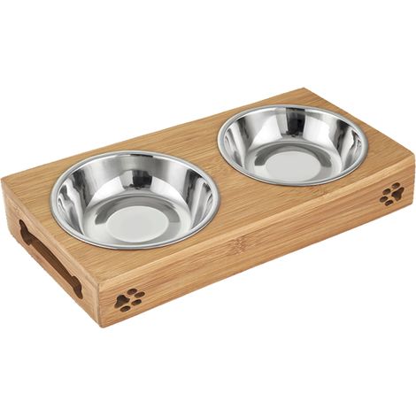 Gamelle pour animaux avec support, ensemble de 2 pièces en bois antidérapant pour chiots, en acier inoxydable et pour eau. (1/5)