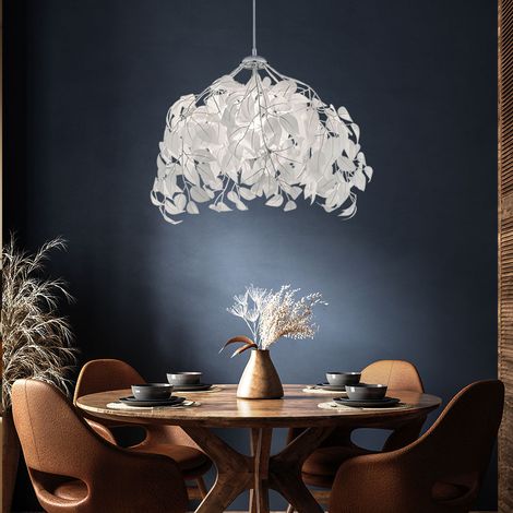 Hängeleuchte Pendellampe Deckenlampe Wohnzimmerleuchte Esszimmerlampe, Metall Chrom weiß Blätter, 1x E27, H 150 cm