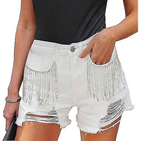 Damen-Jeansshorts mit hohem Bund und Strassfransen, weiß, ideal für den Sommer – Größe 2XL