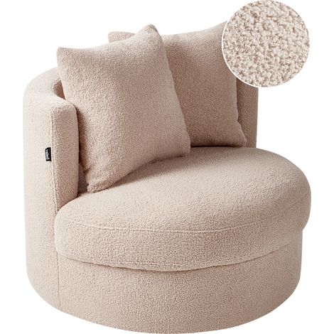 Sillón moderno glamour respaldo redondo bouclé base giratoria hierro con dos cojines beige Dalby