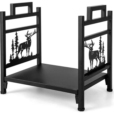 Goplus – Porte-bûches en métal 46x34x45 cm – Base surélevée 8,5 cm – Pieds réglables – Motifs décoratifs élan – Capacité 100 kg (1/4)