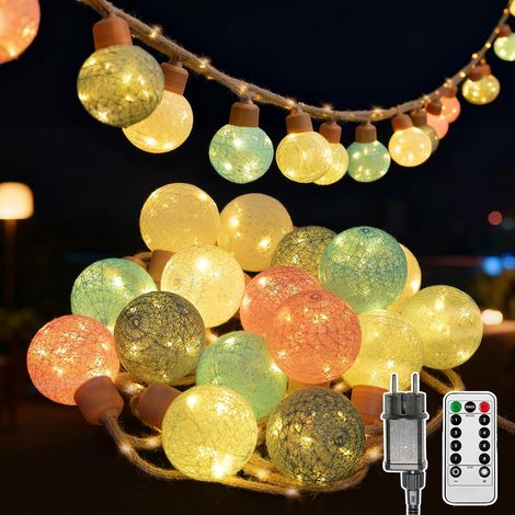 Guirlande lumineuse d'extérieur/d'intérieur avec prise, 8 m, 16 ampoules, 8 modes, intensité réglable, guirlande lumineuse à ampoules LED sphériques avec télécommande et minuterie, guirlande lumineuse (1/5)