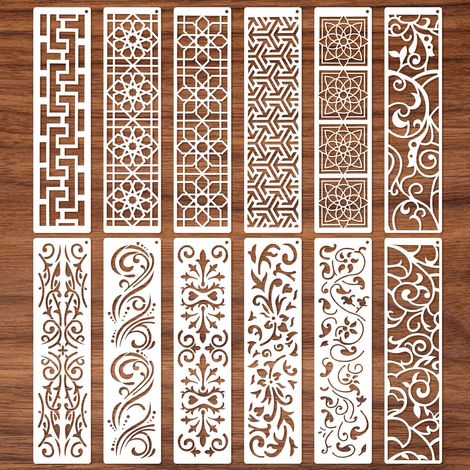 Pochoir - 12 Pièces - PET - Motif Mandala Et Fleur - Peinture Mur Bois Toile - 30x7,6 Cm (1/5)