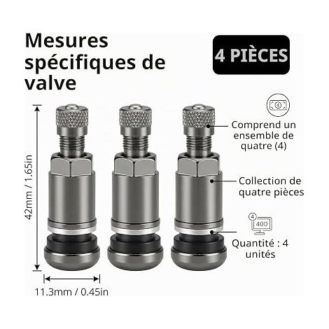 Valve Pneu Voiture, Valve Tubeless 11.3 mm, Tige Valve Métal avec Capuchon, Valves Universelles pour Jantes Aluminium Voiture Moto Camion (1/4)