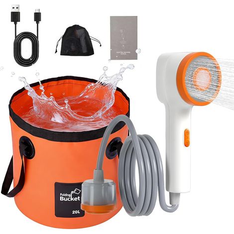 Douche portable pour camping – Douche d'extérieur rechargeable 2500 mAh avec éclairage LED, seau pliable grande capacité 20 L, pommeau de douche filtrant (1/5)