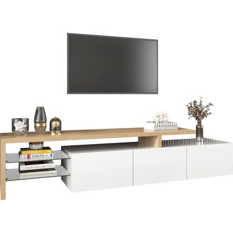 Mueble TV con 3 Armarios, Estantes de Vidrio y LED 7 Colores, Blanco Brillo, en MDF, Natural, 197,5×39×42 cm (1/5)