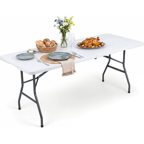 Table de camping pliante blanche en HDPE avec plateau effet rotin, pieds métalliques et poignée, pour camping, jardin et plein air (1/5)
