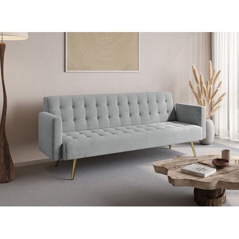 Deco In Paris – Canapé convertible clic clac velours gris – Pieds métal doré – Dimensions 187x87x85cm – Couchage 175x98cm – Pour petits espaces (1/5)