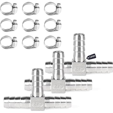 Lot de 3 Ensemble Connecteur 12mm T à 3 Voies Raccord de Tuyau en T en Acier Inoxydable SUS 304 Connecteur de Tuyau avec 9 Colliers Connecteur Barbelé pour Air, Carburant, Eau, Gaz, Huile (1/5)