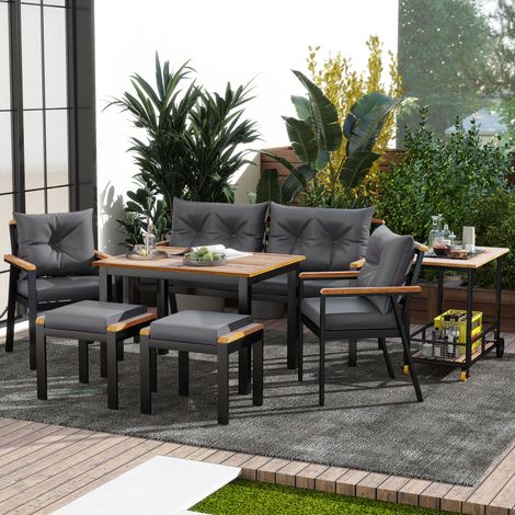 Conjunto de comedor de jardín de madera de acacia y metal negro/gris natural para 6-7 personas con carro auxiliar desmontable (1/5)