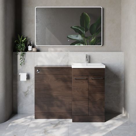 Napoli 390 Cento Brown Oak 1100mm 2 Door Vanity Unit Toilet Suite with Glide Basin - 1100mm - Chrome 160mm HandleWithout Kingston Toilet Pan