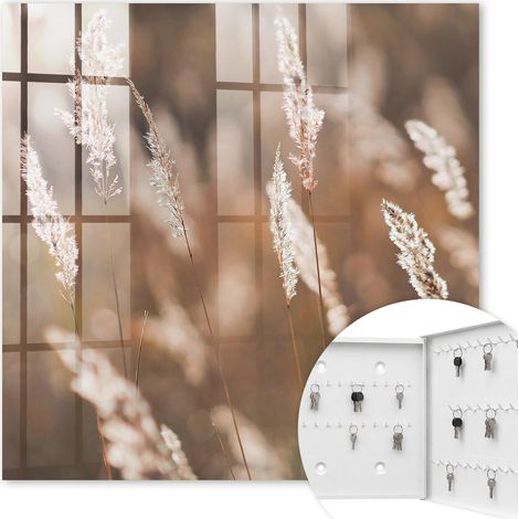 Armoire à clés - (30 cm x 30 cm) - Boîte à clés murale - Coffret de rangement pour clés - Couleur blanche - Ouverture vers la droite - Pour maison et bureau - Herbes dans la prairie (1/5)