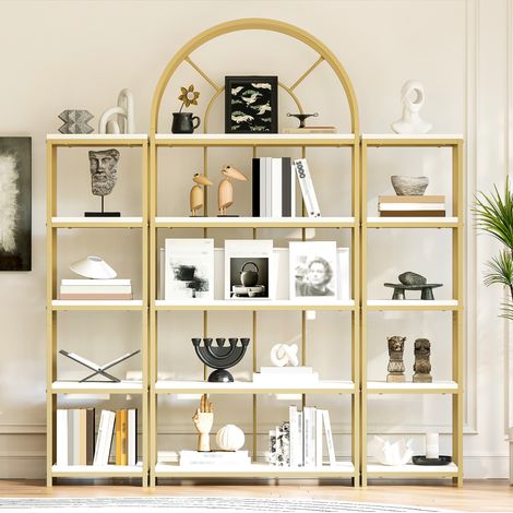 163×30×184 cm Standregal Set – Modulares Bücherregal mit Gold-Metallrahmen & weißen MDF-Böden, 3-teiliges Regal mit Bogen-Design, Displayregal für Wohnzimmer, Küche & Büro-Vitrine, Regal, Bücherregale (1/5)