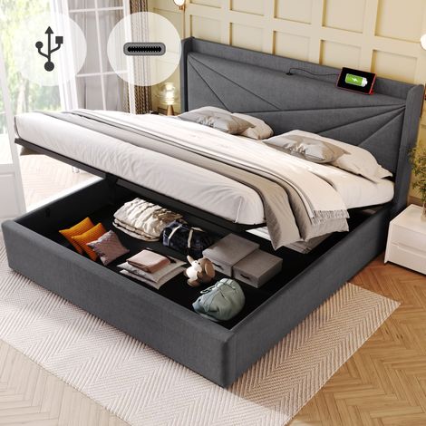 Lit coffre 160x200 avec USB-C et matelas gris HAVRYA (1/5)