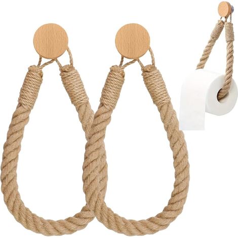 2 selbstklebende Toilettenpapierrollenhalter, Toilettenpapierhalter, Toilettenpapierständer, Badezimmer-Toilettenpapierhalter, Handtuchring aus Holzseil, rustikal