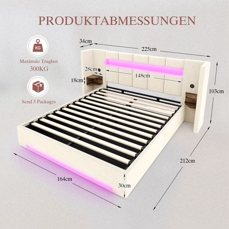 Cadre de lit en velours 160×200 cm avec tête de lit large, rangement hydraulique, LED, 2 USB, armoire rétro et tissu non tissé (1/4)