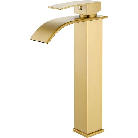 Robinet de salle de bain avec bec cascade haut pour vasque mitigeur eau froide et chaude chrom dor