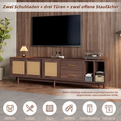 Meuble de rangement 190x40x52 cm, meuble TV bas avec tiroirs, support TV en rotin brun et MDF, design à 6 pieds, buffet multifonctionnel pour salon, convient pour téléviseur 75 pouces (1/5)
