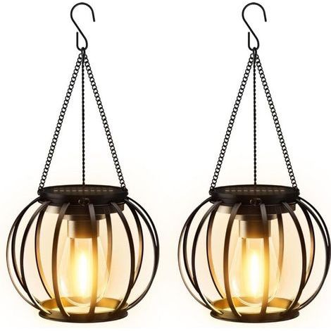 Lampes solaires à suspendre en extérieur, lot de 2 lanternes solaires en métal pour usage extérieur avec grande ampoule LED, lampes solaires étanches IP65, décoration de jardin avec crochet et chaîne (1/4)