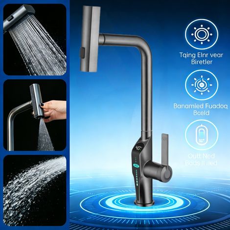Robinet de cuisine extensible gris pistolet affichage numérique, mélangeur 360° chaud froid pour évier (1/5)