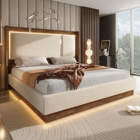 Lit coffre 140x190 cm avec LED et rangement hydraulique lit double avec tête de lit rembourrée et sommier à lattes en lin et bois beige et noyer (1/5)