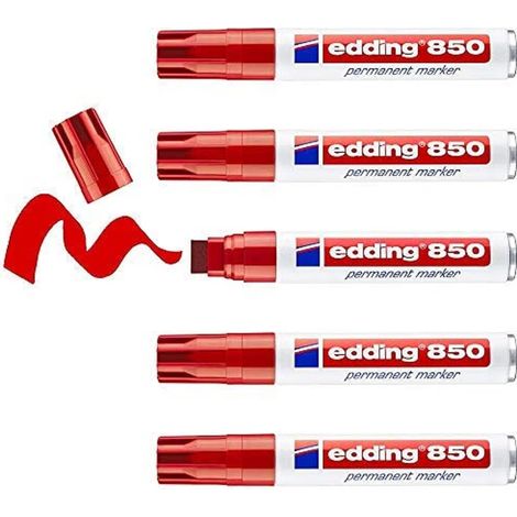 850 Marqueur permanent - rouge - 5 stylos - pointe biseautée 5-15 mm - pour des marquages larges - sèche vite, résiste à l'eau et aux frottements - pour carton, plastique, bois, métal, verre (1/5)