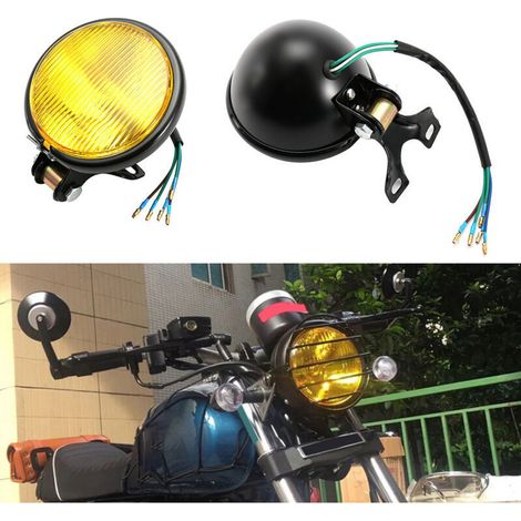 Universel Rétro Noir Shell Jaune Lentille Phare Moto Avant Phare Lampe Ampoule