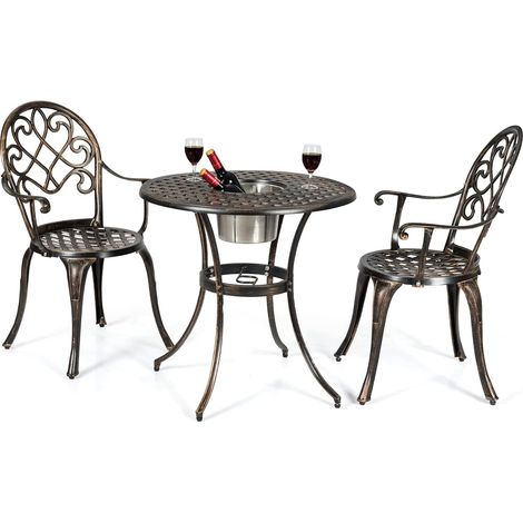 GOPLUS Ensemble de Bistrot 3 Pièces en Fonte d'Aluminium, Table Ronde avec Seau à Glace Amovible & 2 Chaises, 69 x 69 x 68cm (1/5)