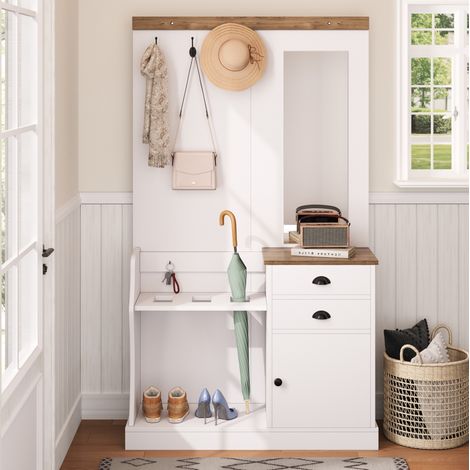 Mueble Entrada 110,5 X 191 X 38 Cm Blanco Con Espejo, Dos Cajones Y Paragüero (1/5)
