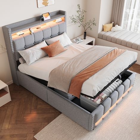 Polsterbett 140x200 cm mit Stauraum und LED-Beleuchtung, Doppelbett mit USB-Steckdose und Hydraulik-Bettkasten, Leinenstoff Hellgrau (1/5)