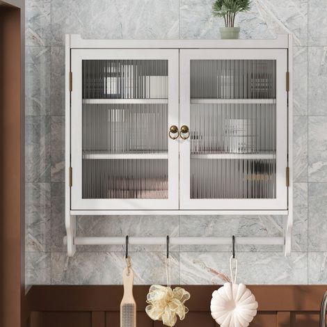 Armoire murale 63x18x60 cm, meuble de cuisine, avec 2 portes vitrées, étagère de rangement 3 niveaux, porte-serviettes, Armoire murale bois, Armoire murale de salle de bain - Blanc