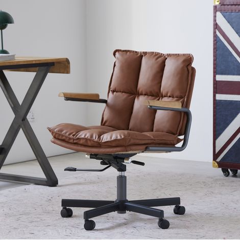 Silla de oficina de piel sintética marrón con ruedas, reposabrazos de madera, regulable (1/5)