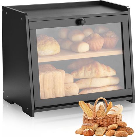 Boîte à Pain pour Comptoir de Cuisine à 2 Niveaux, Récipient de Stockage pour Pain de Style Ferme, Grande Capacité, avec Panneau de Porte Ondulé en Acrylique, Rangement Alimentaire, Noir (1/5)