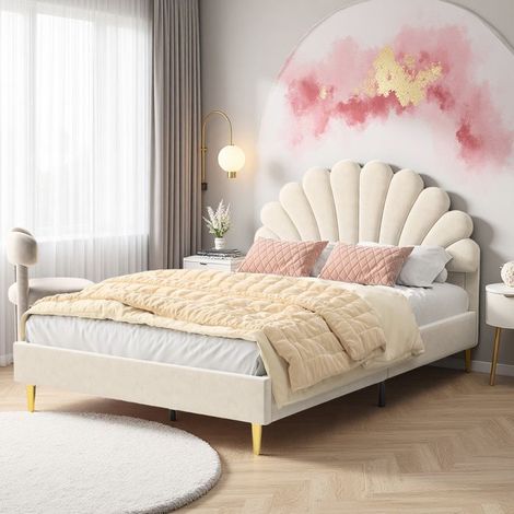 Bett 140x190 cm, DZ01, Erscheinung der Blütenblätter, Doppelbett, Bettgestell 140x190 cm, 250kg, Samt, Beige