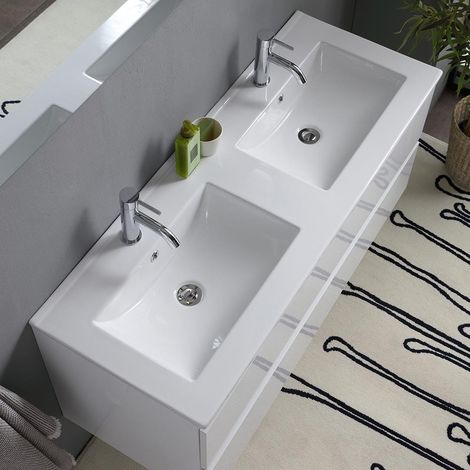 Kiamami Valentina – Meuble de salle de bain suspendu 120cm blanc brillant – Double lavabo en céramique – 2 tiroirs avec fermeture ralentie – Miroir 120x60 et 2 lampes — vue 3